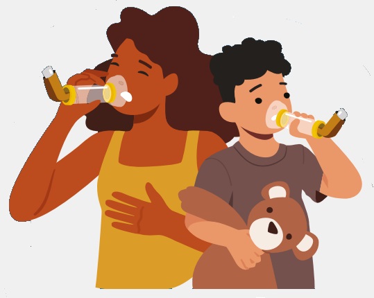 A drawing of a girl and a boy both using asthma inhalers with a spacers. The boy is younger, stood to the right of the girl and is holding a teddy bear.