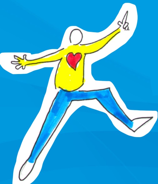 Simple drawing of person leaping into the air wearing blue trousers and a yellow jumper with a red heart on the chest.